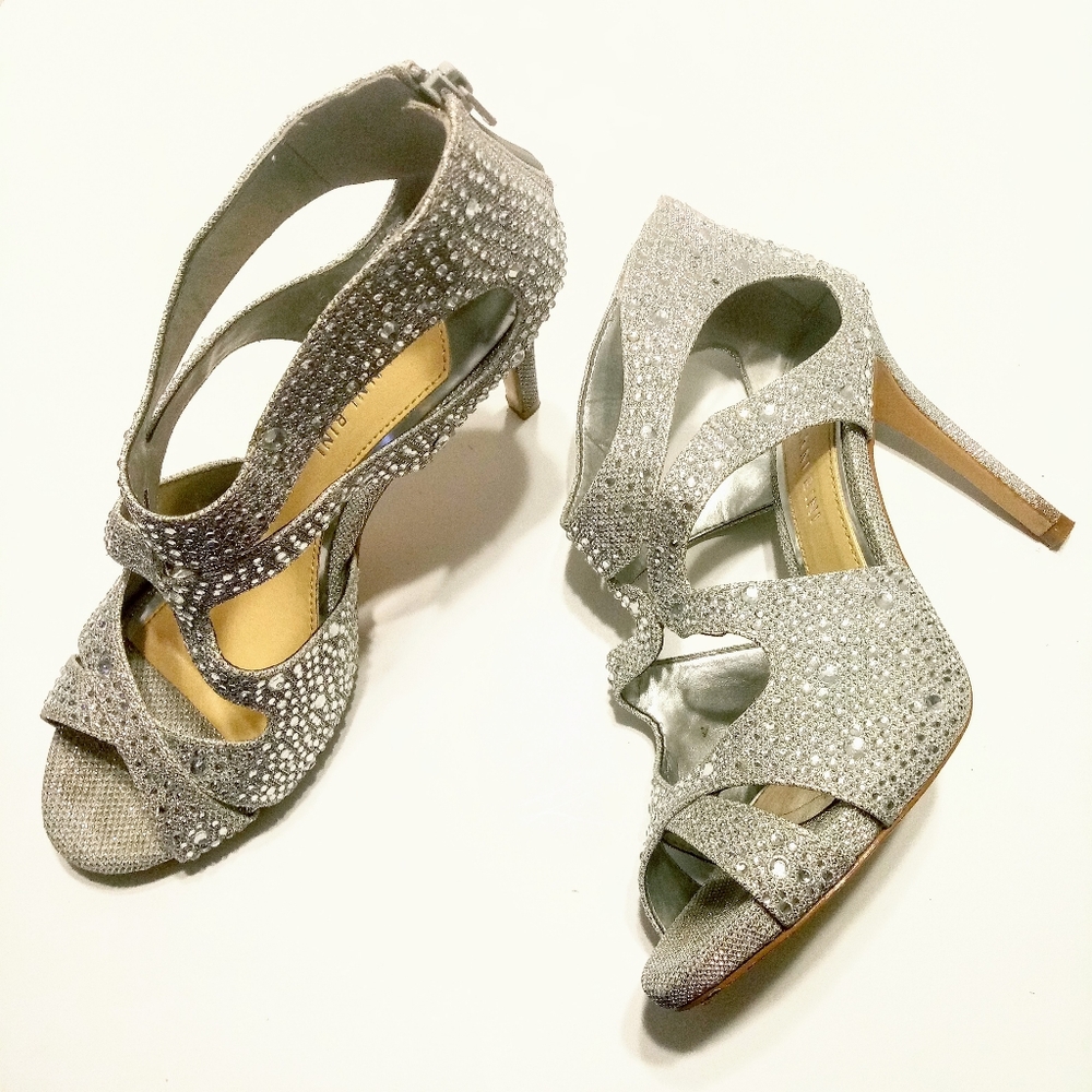 Gianni Bini silver stiletto heels with rhinestones